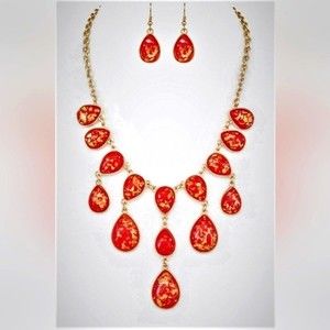 Red Opal Glass Tear Drop  Multi Link Necklace Set